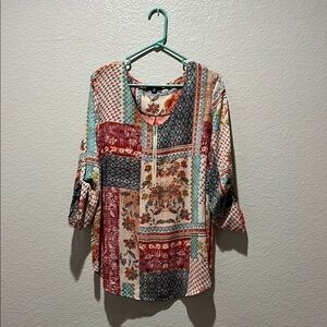 TACERA 3/4 ROLL TAB SLEEVE V-NECK ZIPPERED FRONT HI LO TOP Sz 2X bohemian comfy